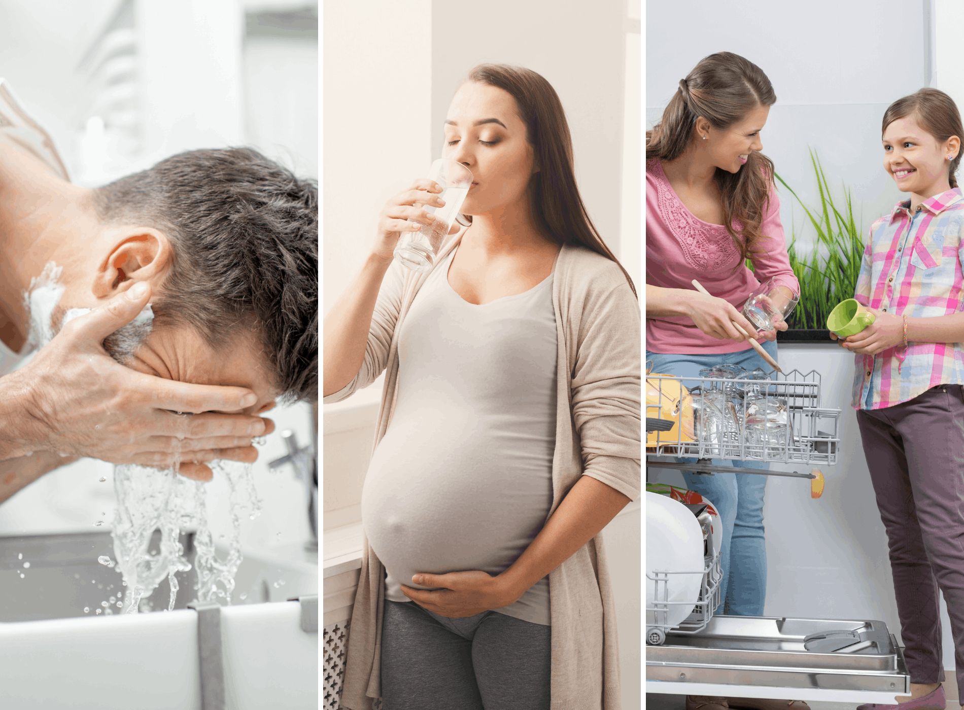 Man Washing Face With Filtered Water | Pregnant Woman Drinking Filtered Water | Woman Washing Dishes With Filtered Water